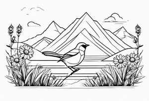 Geometric small bird in a grass and daisy field with Mountain View behind tattoo idea