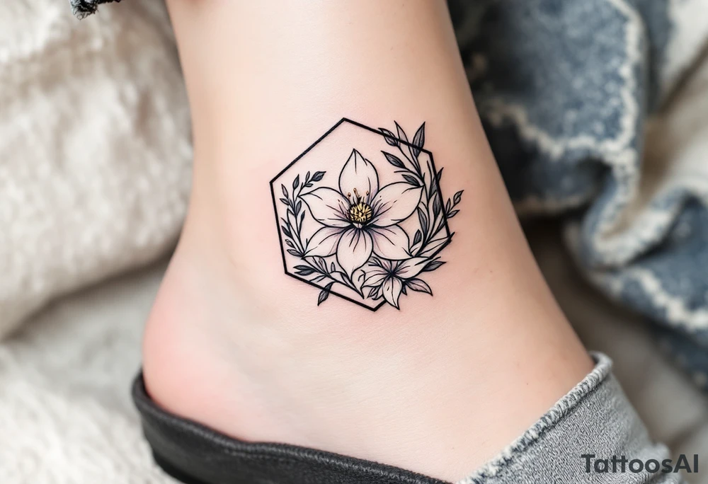 Leo sign, larkspur and water lily surrounded by a hexagon tattoo idea