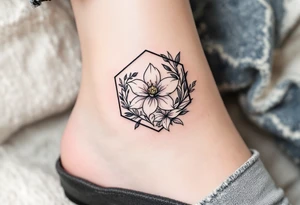 Leo sign, larkspur and water lily surrounded by a hexagon tattoo idea