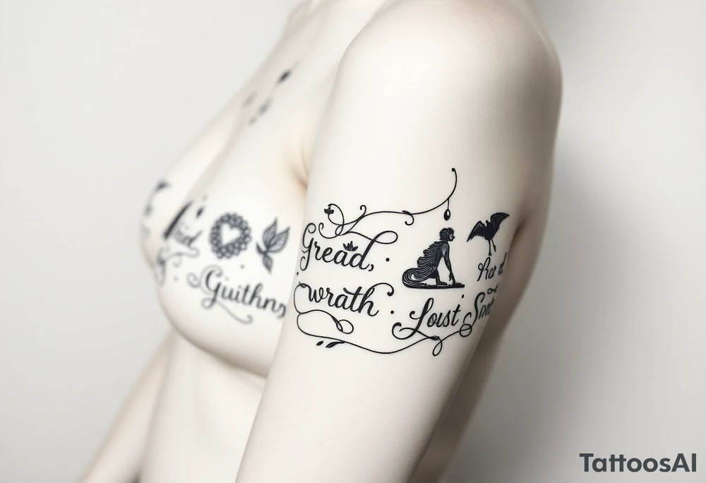 powerful sexy seven deadly sins with words greed, pride, gluttony, wrath, lust, sloth and envy, with a darkness kind of feeling tattoo idea