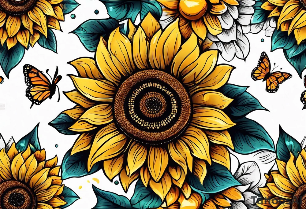 Arm sleeve with sunflowers and butterflies tattoo idea