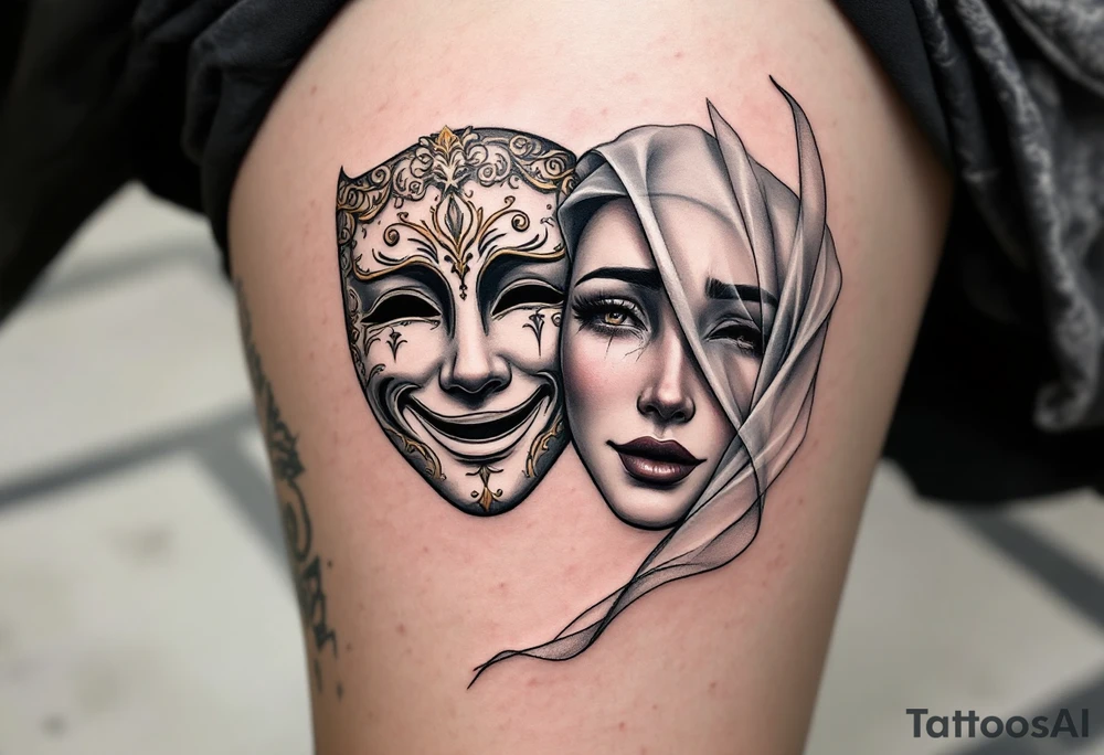 pair of ornate silver and gold theatre masks—one smiling, one crying—partially covered by a flowing, translucent veil. The title is in elegant white calligraphy, giving a mysterious and theatrical feel tattoo idea