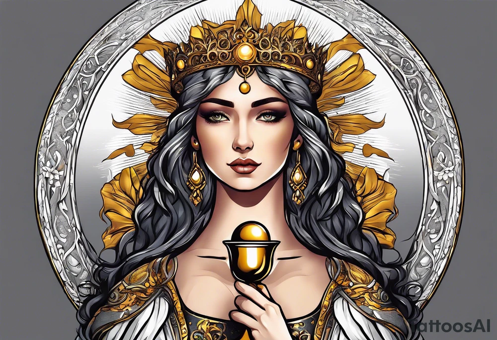 woman saint holding chalice surrounded by golden halo tattoo idea
