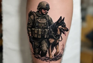 Soldier and Combat Dog – A soldier in olive green armor, with a loyal black-and-brown combat dog beside him, both covered in dirt, walking through a war-torn cityscape. tattoo idea