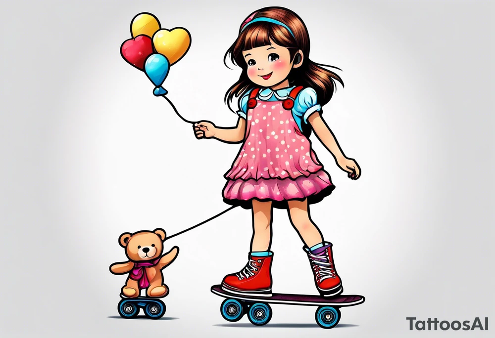 a little girl in a dress standing with a teddy bear in roller skates, flying a kite tattoo idea