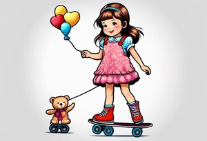 a little girl in a dress standing with a teddy bear in roller skates, flying a kite tattoo idea