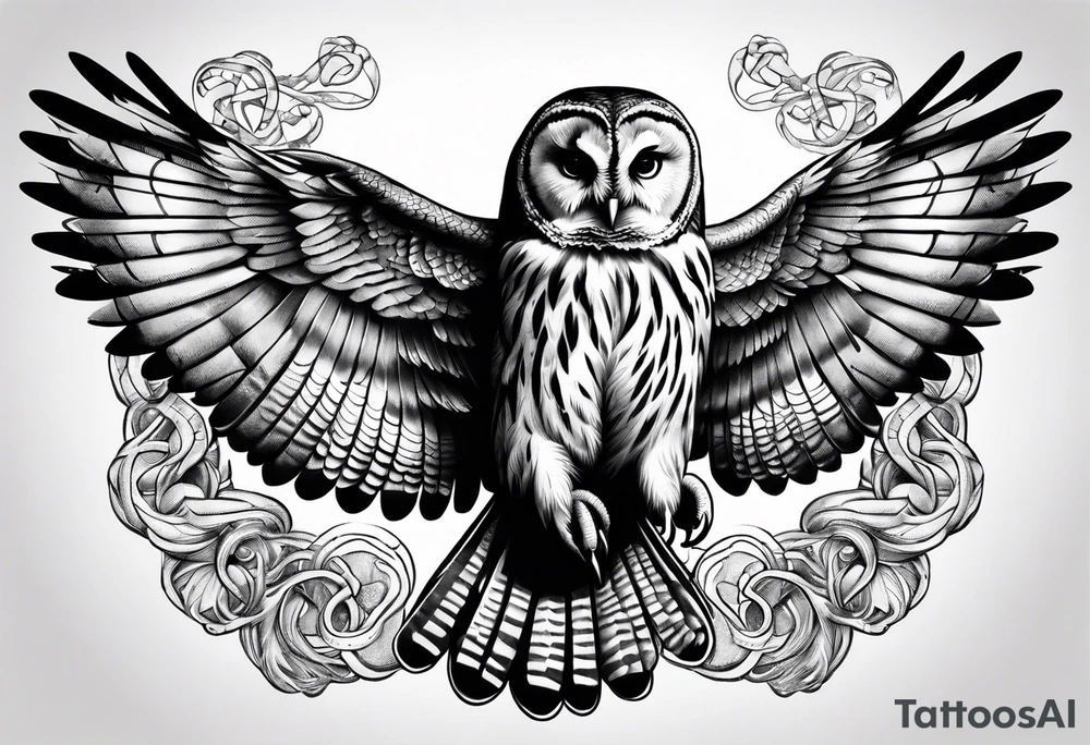 barred owl wings outstretched with a snake in its feet tattoo idea