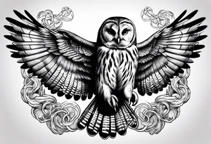 barred owl wings outstretched with a snake in its feet tattoo idea