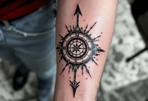 steampunk half compass half clock with a long native American arrow pointing at my wrist with the words “True North” and says "Isaiah 40:31" tattoo idea