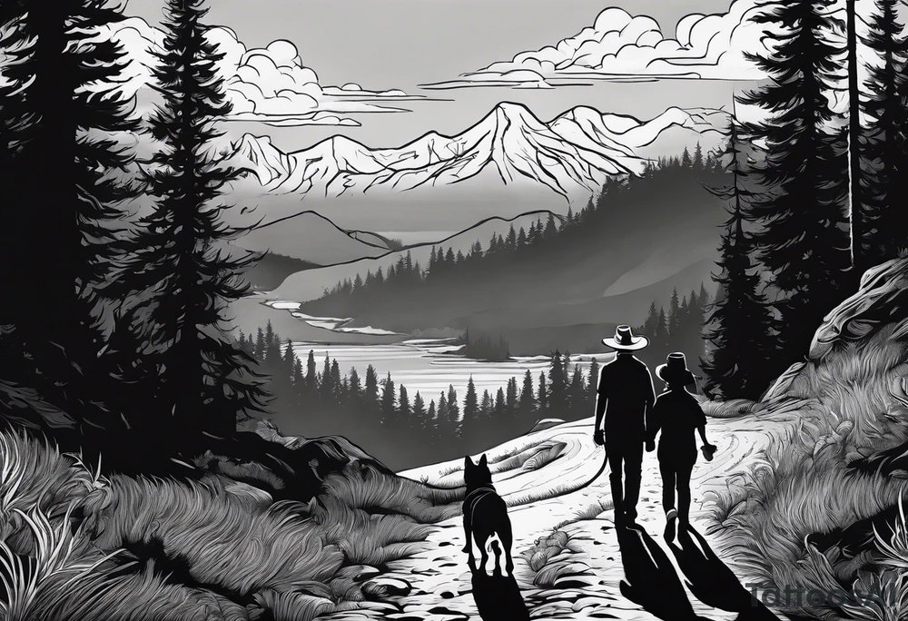 A shadow of a father and wife and young son and young daughter  of four and dog walking through the Pacific Northwest Forrest. Mexican art. Trust in God tattoo idea