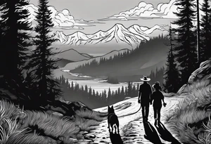 A shadow of a father and wife and young son and young daughter  of four and dog walking through the Pacific Northwest Forrest. Mexican art. Trust in God tattoo idea