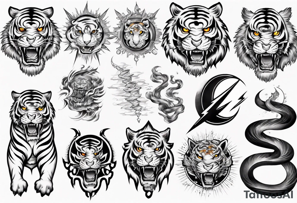 Tiger sleeve tattoo with lightning and the sun tattoo idea