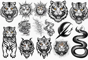 Tiger sleeve tattoo with lightning and the sun tattoo idea
