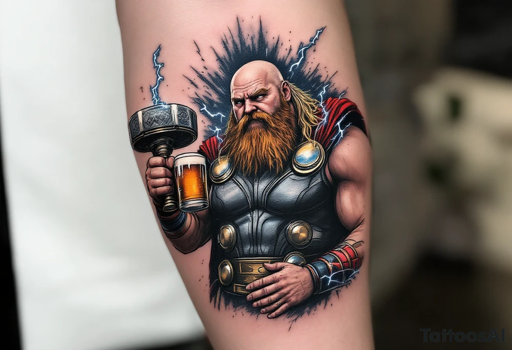 Fat Thor from Endgame holding a beer and Stormbreaker, with sparks of lightning around him in a humorous yet detailed tattoo design. tattoo idea