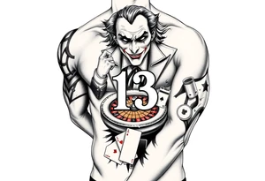 Gambling theme with the joker number 13 with roulette table slot machines and cards tattoo idea