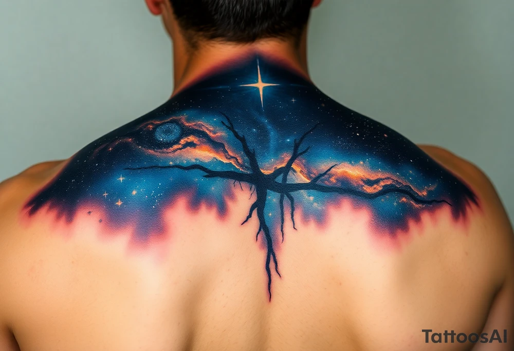 Beautiful and epic 3d milky way that appears to be what is beneath the skin. Make it drape over the shoulder and move to the middle back. use negative spaces to create stars and dust. Incorporate God breathing life into the universe. IKeep it symmetrical tattoo idea