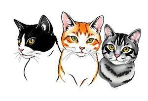 three cats, one black and white cat, one orange and white cat and one grey tabby cat tattoo idea