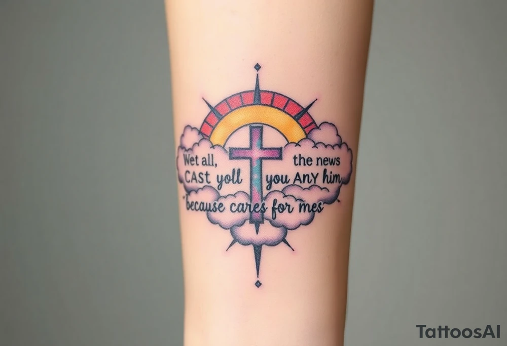 cast all your anxiety on him because he cares for you"  surrounded with clouds and cross big horizontal tattoo idea