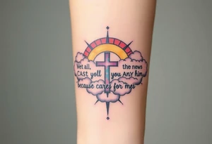 cast all your anxiety on him because he cares for you"  surrounded with clouds and cross big horizontal tattoo idea