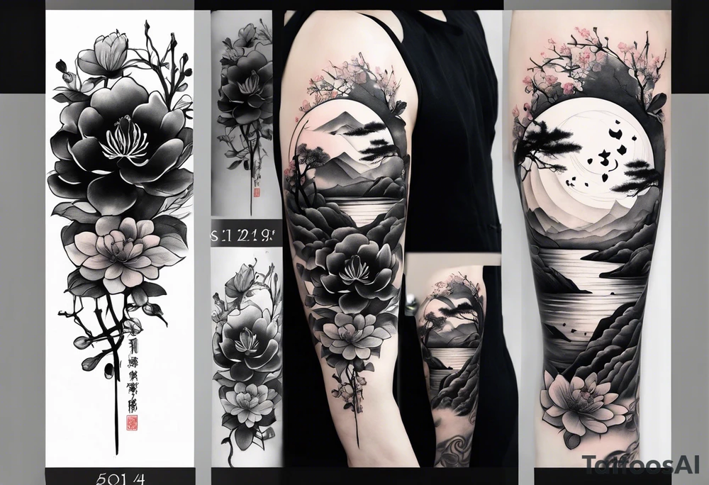 Asymmetrical, geometric, chinese ink art touch, hippo , full moon, wintersweet flower, light , modify from my favourite, s-shape tattoo idea