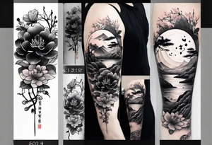 Asymmetrical, geometric, chinese ink art touch, hippo , full moon, wintersweet flower, light , modify from my favourite, s-shape tattoo idea