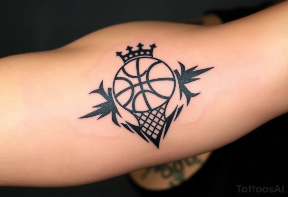 Basketball and basketball hoop with a crown, tribal influence tattoo idea