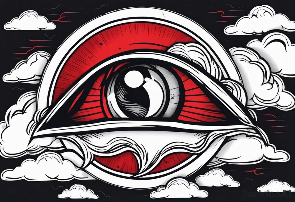 American traditional simple eyeball in dark stormy clouds with red lightning coming from the clouds tattoo idea