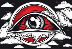 American traditional simple eyeball in dark stormy clouds with red lightning coming from the clouds tattoo idea