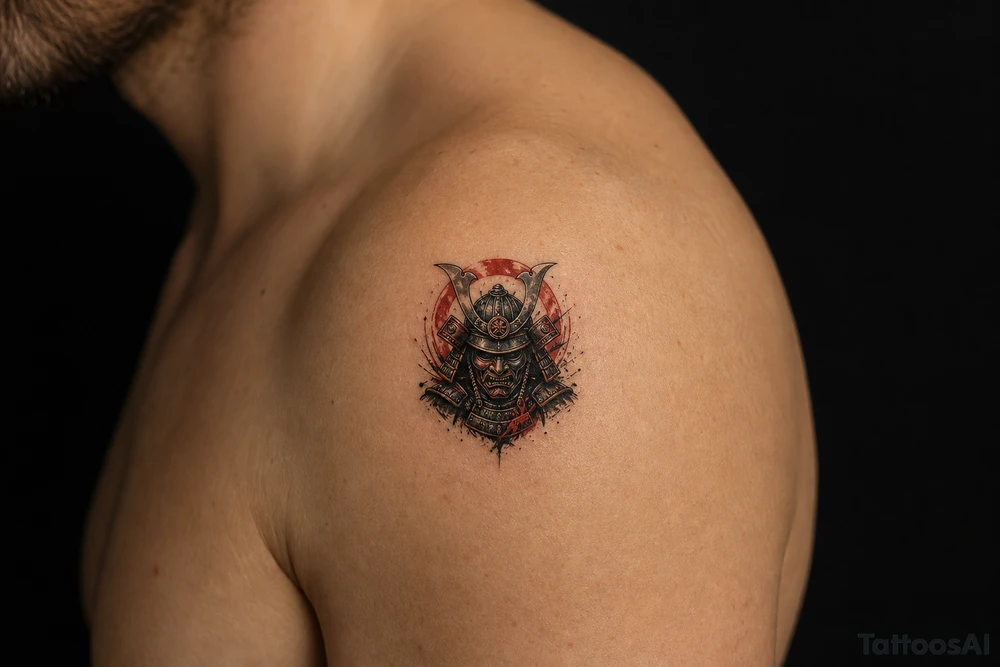 A samurai warrior wear a mask, Pop black & grey style tattoo idea