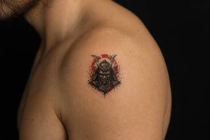 A samurai warrior wear a mask, Pop black & grey style tattoo idea
