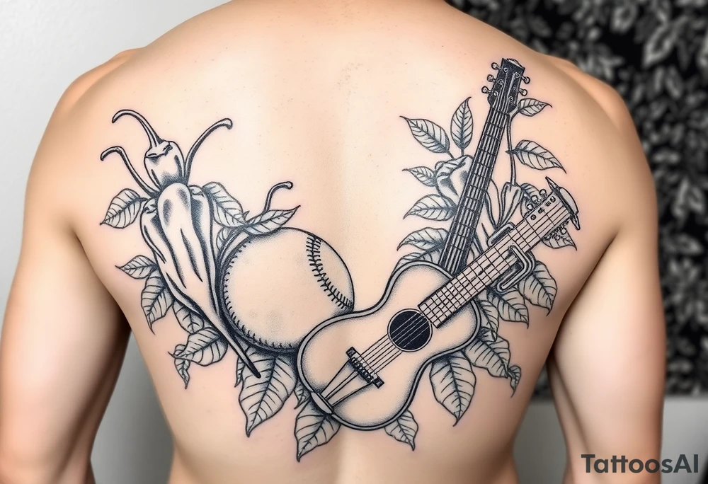 Super hot pepper plants, hot sauce, baseball, acoustic guitar, trumpet, with a gardening background tattoo idea