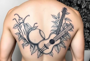 Super hot pepper plants, hot sauce, baseball, acoustic guitar, trumpet, with a gardening background tattoo idea