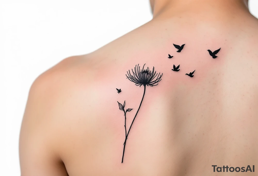 A wood violet blowing in the wind with pedals floating away turning into birds tattoo idea