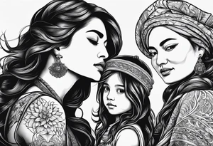 three person side by side. a really young Daughter on the left, mother in the middle, really old grandmother on the right. greater age difference tattoo idea