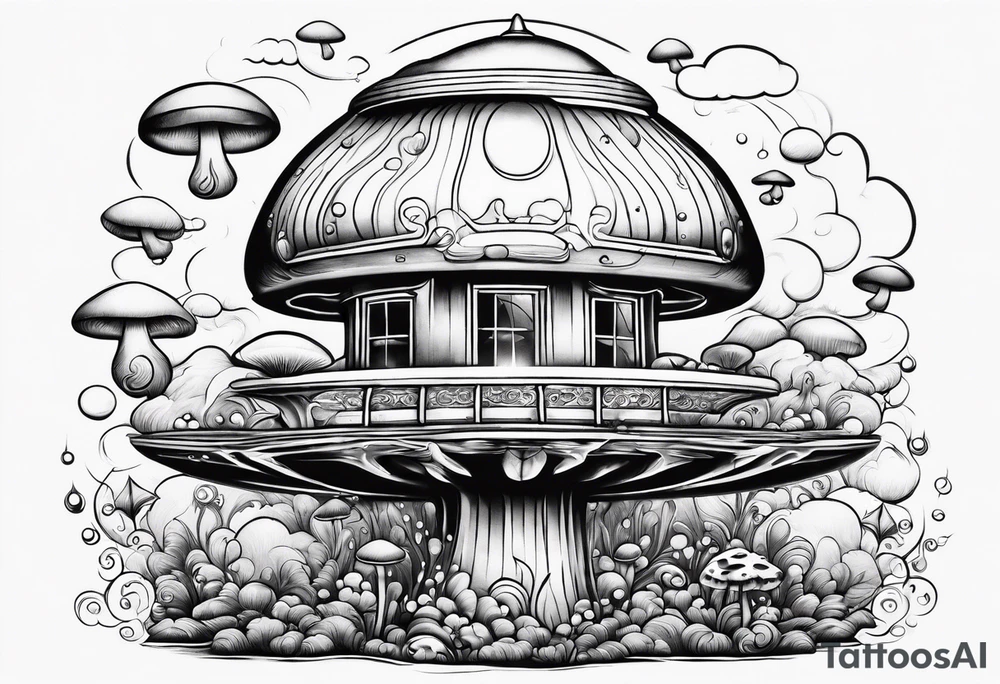 mushroom rocketship with fire coming out the bottom bursting out of bubble into spiritual realm tattoo idea