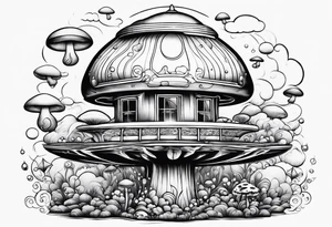 mushroom rocketship with fire coming out the bottom bursting out of bubble into spiritual realm tattoo idea