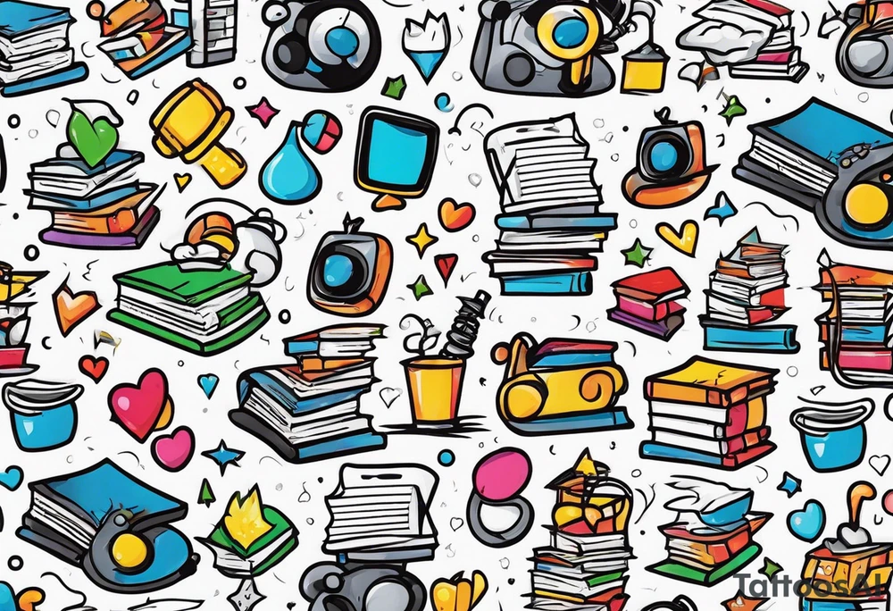 Books, video games, stethoscope, music, drums tattoo idea