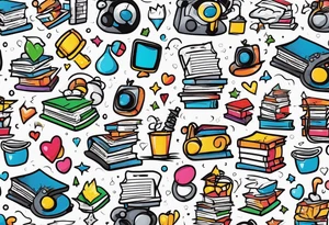 Books, video games, stethoscope, music, drums tattoo idea