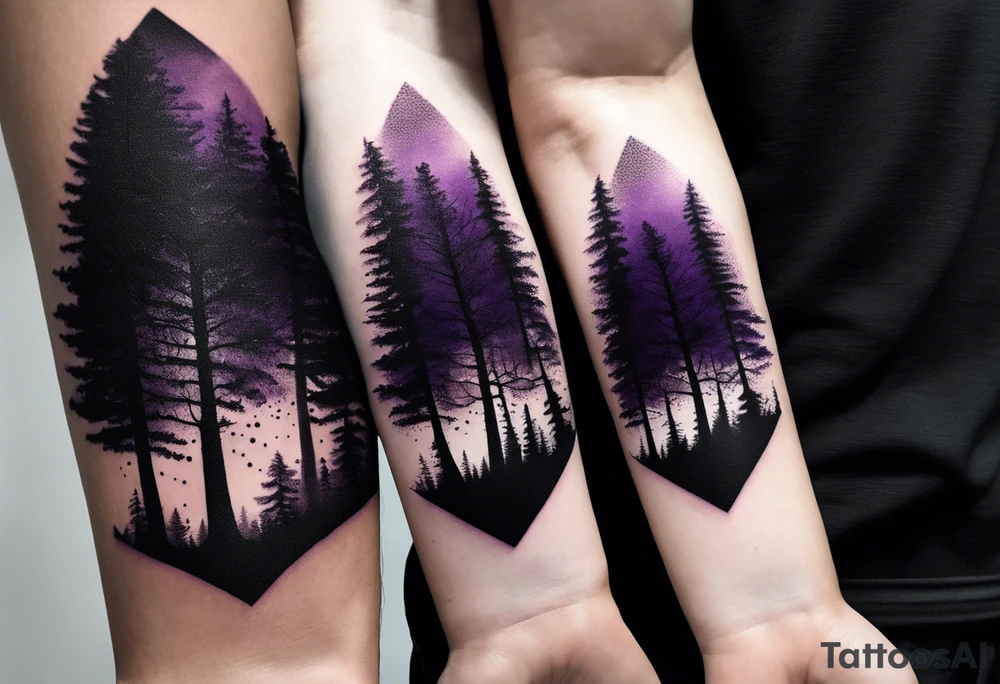 forest, purple and black, covered from wrist to forearm, fully covered, no borders, blackwork tattoo idea