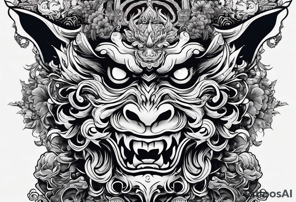 Image divided in the middle (Y axis) that left is a half a ghost face and the other half on the right is an oni tattoo idea