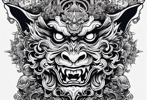 Image divided in the middle (Y axis) that left is a half a ghost face and the other half on the right is an oni tattoo idea