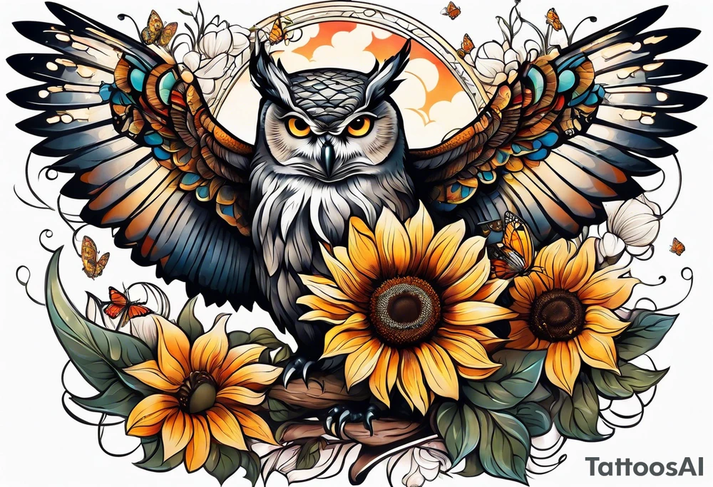 Sleeve with a owl sunflower and butterfly tattoo idea