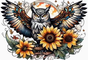 Sleeve with a owl sunflower and butterfly tattoo idea