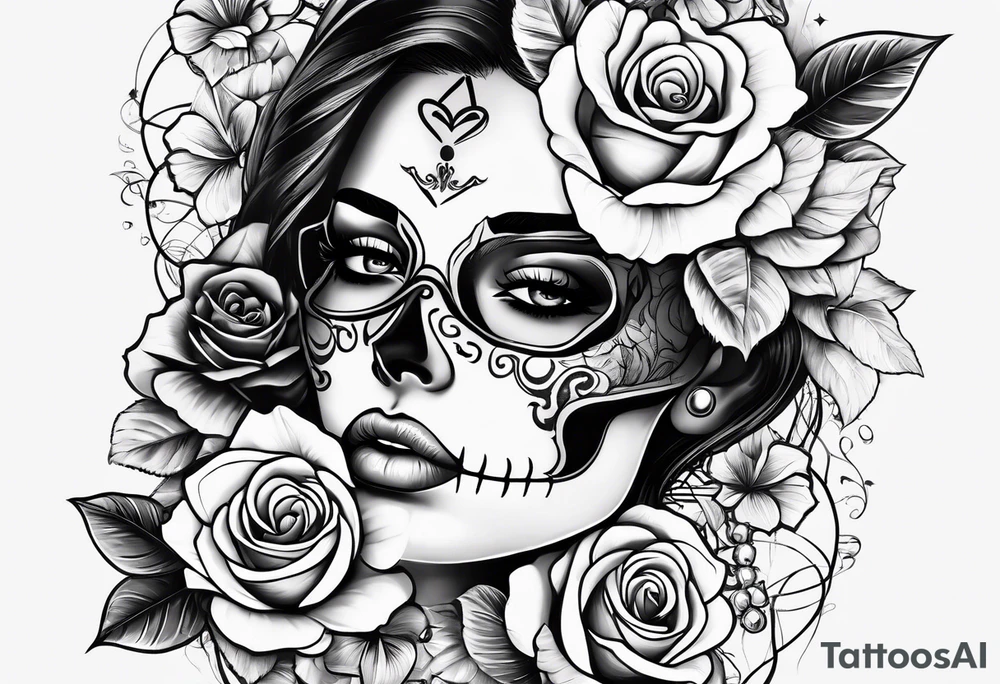 Hispanic/ Latin  woman  with half skull face , roses, loving heART, strength,  cancer zodiac sign  , time heals all tattoo idea