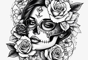 Hispanic/ Latin  woman  with half skull face , roses, loving heART, strength,  cancer zodiac sign  , time heals all tattoo idea