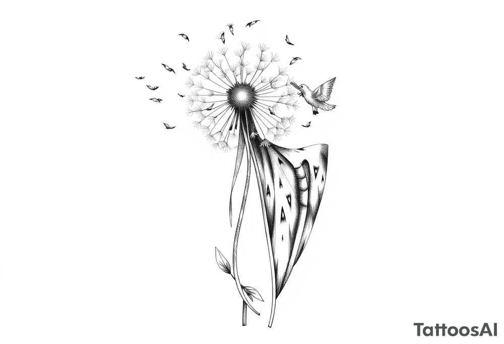 A dandelion with its leaves blowing away and turning into birds that fly up a waterfall tattoo idea