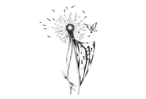 A dandelion with its leaves blowing away and turning into birds that fly up a waterfall tattoo idea