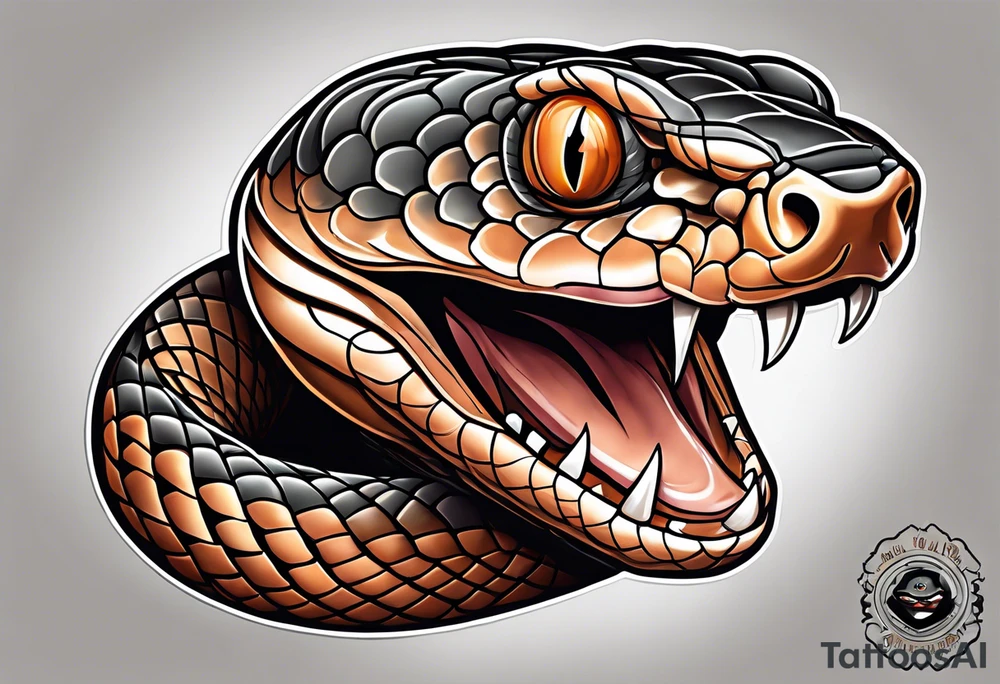 Copperhead coiled up with head turned up and mouth open and copper colored eyes tattoo idea