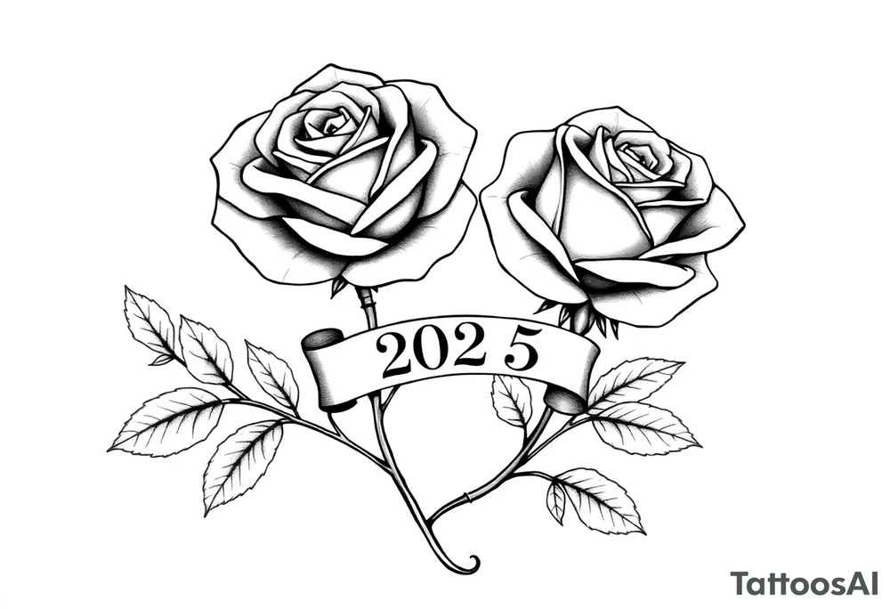 two beautiful large rose buds, one larger than the other, with many leaves next to the rose buds, with one sitting higher than the other. Include a banner connecting the two roses with the year "2025" on it.   Use dark outlines with little shading. The two stems should be short, not long, and connect and join into one stem, whimsically curved or twisted - not straight down. tattoo idea