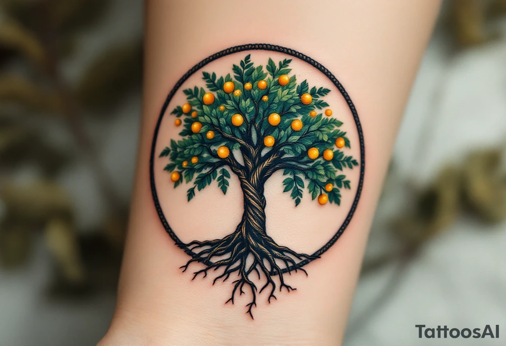 A forest green tree of life inside a round frame of braided roots and glowing amber fruits. tattoo idea